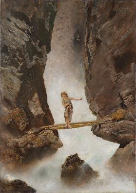 Girl crossing a mountain torrent