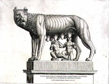 Drawing of the Etruscan bronze of the she-wolf suckling Romulus and Remus, 5th century BC, in the Ca a Antonio Lafreri
