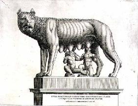 Drawing of the Etruscan bronze of the she-wolf suckling Romulus and Remus, 5th century BC, in the Ca