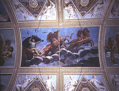 The Personification of Night riding across the sky in a chariot, ceiling painting a Antonio Maria Viani