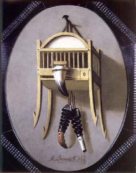 Trompe L'Oeil with a fowler's bird cage and whistle