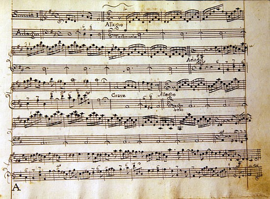 Manuscript page from the score of Opus V, ''Sonata for violin, violone, and harpsichord'' a Arcangelo Corelli