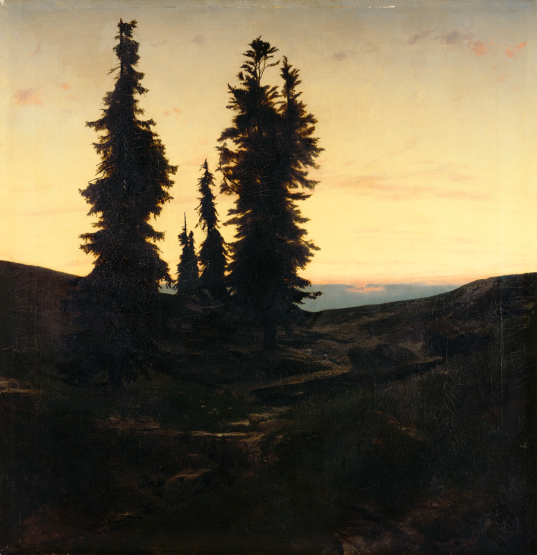 Weather firs in the Jura Mountains at sinking sun a Arnold Böcklin