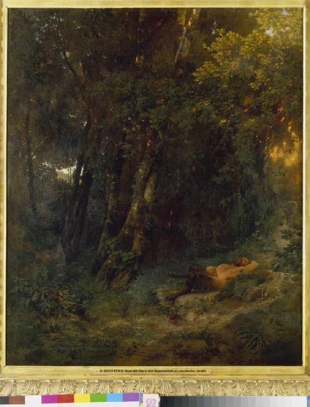Woodland landscape with resting Pan a Arnold Böcklin