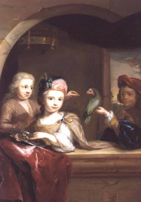 Three Children with a Parrot a Arnold Boonen