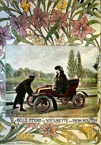 La Belle Otero at the wheel of a De Dion-Bouton car, c.1900 a Arsene Herbinier