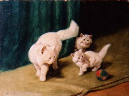 White Persian Cat with Two Kittens a Arthur Heyer