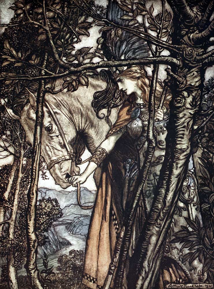 Brünnhilde leads her horse by the bridle. Illustration for "The Rhinegold and The Valkyrie" by Richa a Arthur Rackham