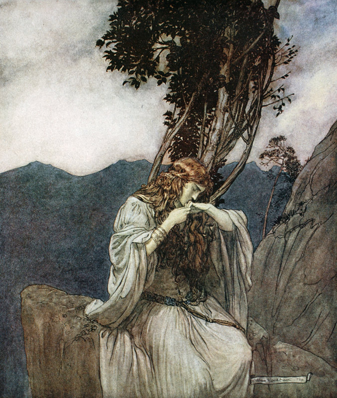 Brünnhilde kisses the ring that Siegfried has left with her. Illustration for "Siegfried and The Twi a Arthur Rackham