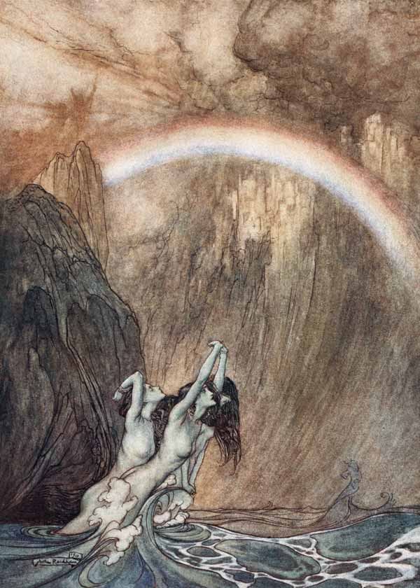 The Rhinemaidens bewail their lost gold. Illustration for "The Rhinegold and The Valkyrie" by Richar a Arthur Rackham