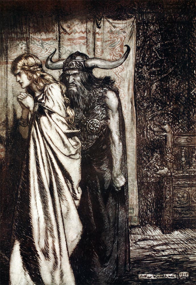 O wife betrayed I will avenge they trust deceived! Illustration for "Siegfried and The Twilight of t a Arthur Rackham