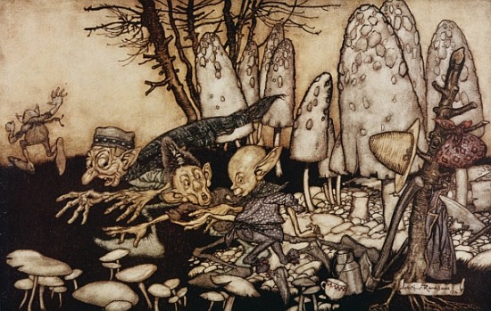 A band of workmen, who were sawing down a toadstool, rushed away, leaving their tools behind them fr a Arthur Rackham