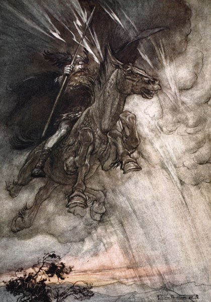 Furiously Wotan is riding to the rock. Illustration for "The Rhinegold and The Valkyrie" by Richard  a Arthur Rackham