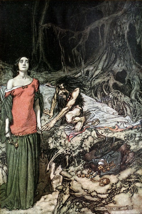 The wooing of Grimhilde, the mother of Hagen. Illustration for "Siegfried and The Twilight of the Go a Arthur Rackham