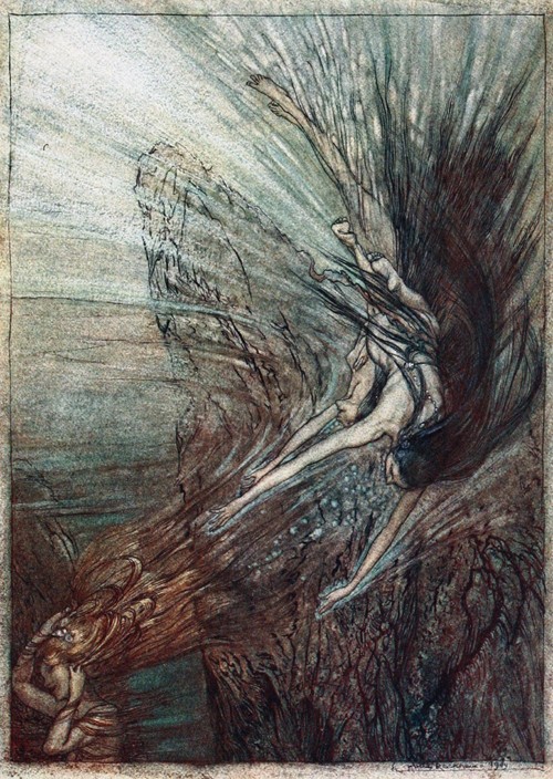 The frolic of the Rhinemaidens. Illustration for "The Rhinegold and The Valkyrie" by Richard Wagner a Arthur Rackham