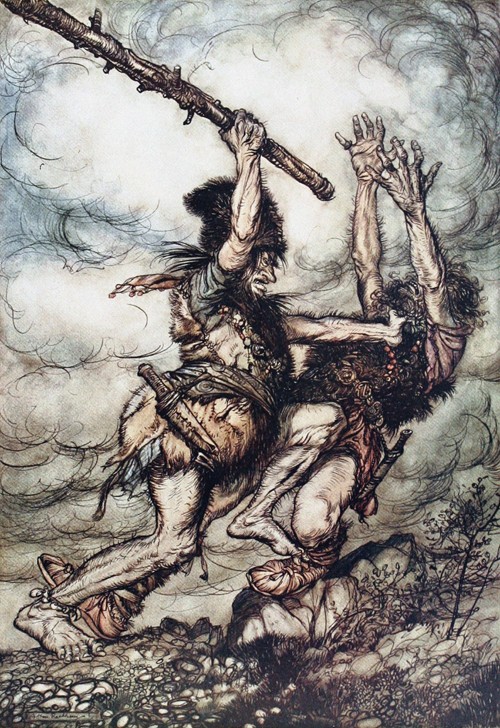 Giant Fafner Kills Fasolt. Illustration for "The Rhinegold and The Valkyrie" by Richard Wagner a Arthur Rackham