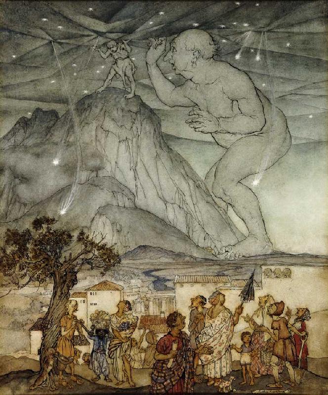 Herkules trägt für Atlas den Himmel (Zeichnung für 'Hawthorne's Wonder Book') a Arthur Rackham