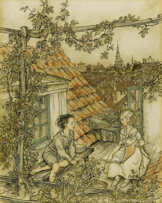 Kay and Gerda in their garden high up on the roof. Illustration for the tale of "The Snow Queen" a Arthur Rackham