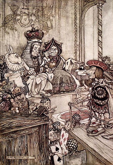 Knave before the King and Queen of Hearts, illustration to ''Alice''s Adventures in Wonderland'' Lew a Arthur Rackham