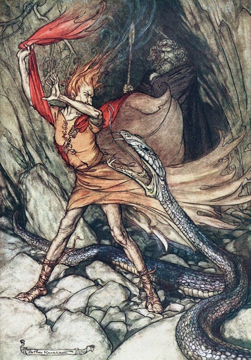 Ohe! Ohe! Terrible dragon, oh, swallow me not! Illustration for "The Rhinegold and The Valkyrie" by  a Arthur Rackham