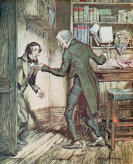 Scrooge and Bob Cratchit, from Dickens'' ''A Christmas Carol'' a Arthur Rackham