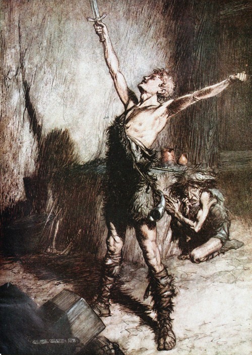 Siegfried forges his sword. Illustration for "Siegfried and The Twilight of the Gods" by Richard Wag a Arthur Rackham