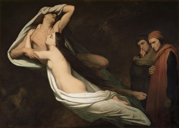 The figures of Francesca da Rimini and Paolo da Verrucchio appear to Dante and Virgil, illustration a Ary Scheffer