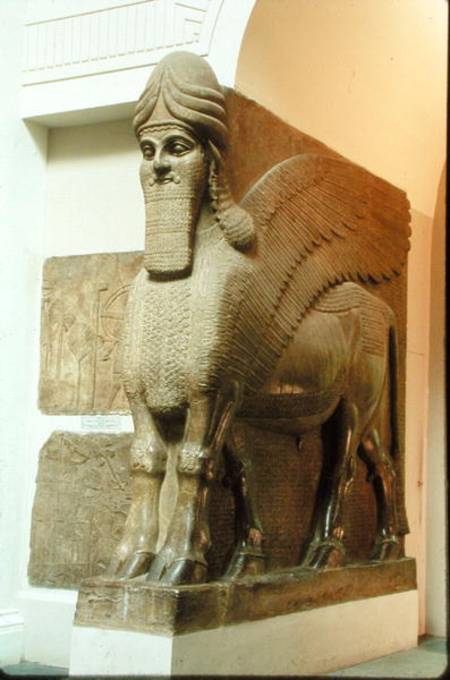 Colossal statue of a winged human-headed bull from the North-West Palace of Ashurbanipal II, Nimrud, a Assyrian