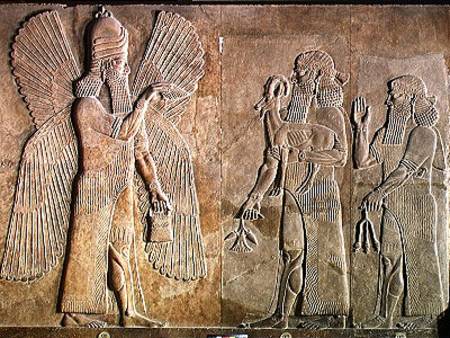 Frieze depicting a winged spirit, a sargon or priest carrying a gazelle and a worshipper carrying a a Assyrian