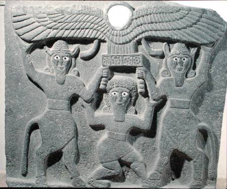 Relief depicting Gilgamesh between two bull-men supporting a winged sun disk, from Tell-Halaf, Syria a Assyrian
