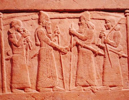 Relief depicting King Shalmaneser III (858-824 BC) of Assyria meeting a Babylonian a Assyrian