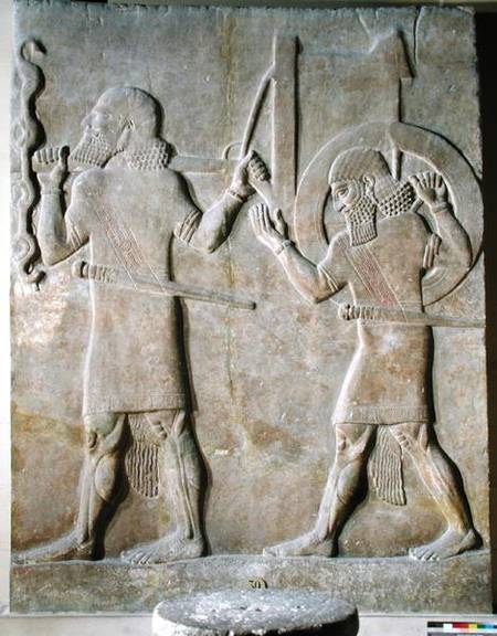 Relief depicting two soldiers carrying the king's war chariot, from the Palace of Sargon II, Khorsab a Assyrian