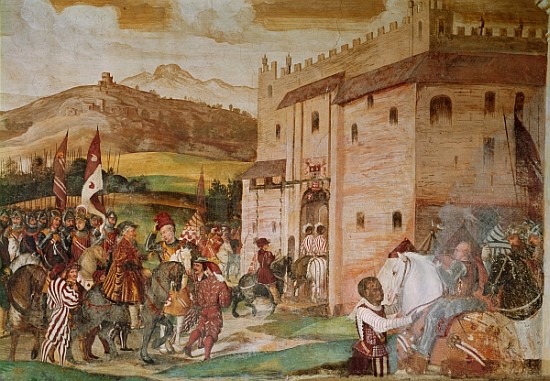 Reception of King Christian I of Denmark the condottiere, Bartolomeo Colleoni, at the Castle of Malp a (attr.to) Girolamo Romanino
