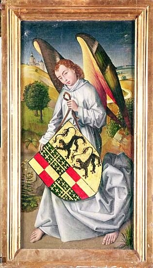 Angel holding a shield with the heraldic arms of de Chaugy and Montagu families with the two leopard a (attr. to) Rogier van der Weyden