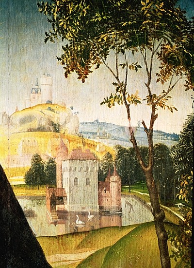 Landscape with castle in a moat and two swans, 1460-66 (detail of 344036) a (attr. to) Rogier van der Weyden