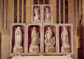 View of the panels of the closed altarpiece, depicting the Annunciation and saints, 1460-66