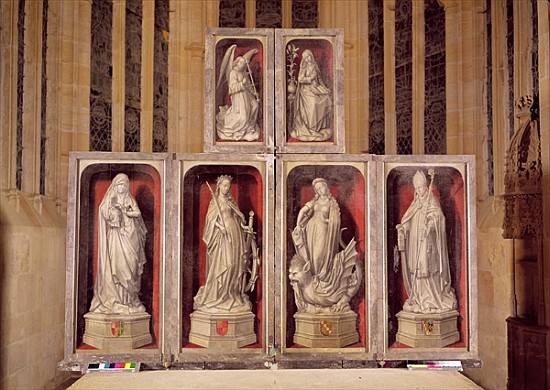 View of the panels of the closed altarpiece, depicting the Annunciation and saints, 1460-66 a (attr. to) Rogier van der Weyden
