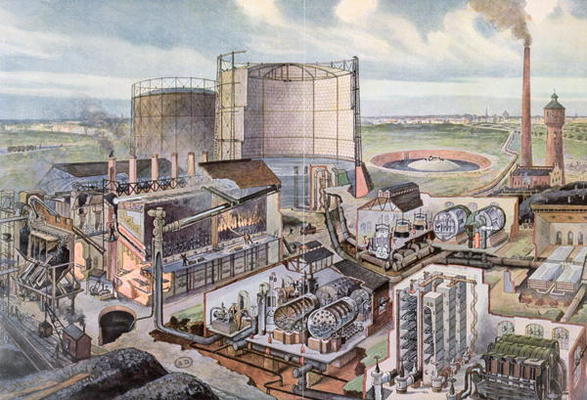 Cross section of a gas factory (colour engraving) a August Dressel