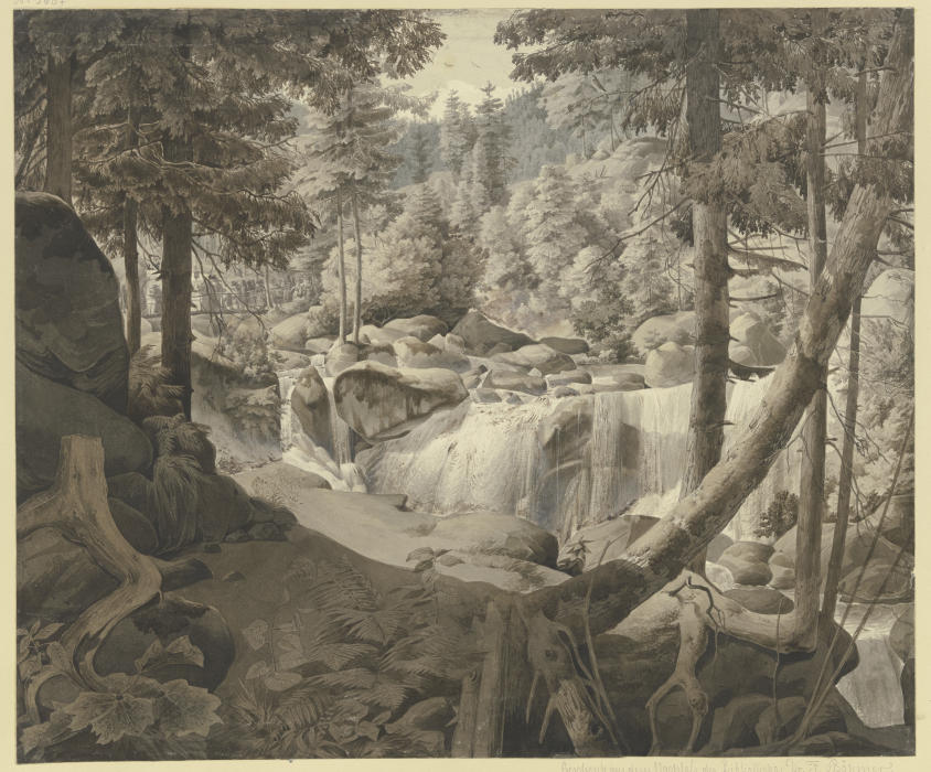 Waldlandschaft mit Wasserfall, im Hintergrund Pilger, über eine Brücke gehend a August Lucas