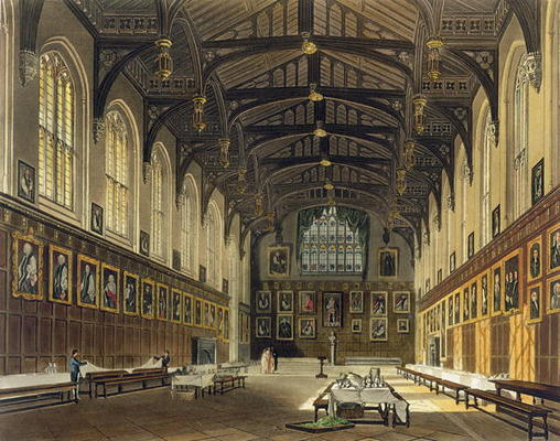 Interior of the Hall of Christ Church, illustration from the 'History of Oxford' engraved by J. Bluc a Augustus Charles Pugin