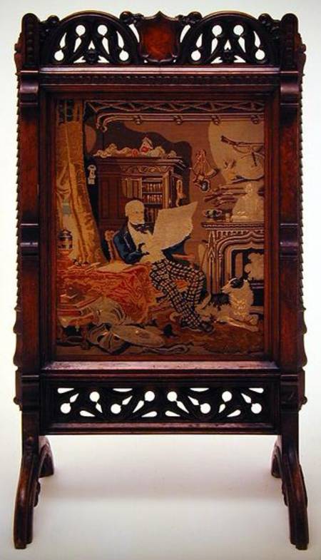 Fire screen with a tapestry depicting a gentleman reading in his drawing room a Augustus Welby Northmore Pugin