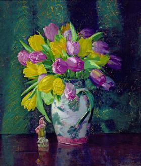 Yellow and Mauve Tulips in a Vase