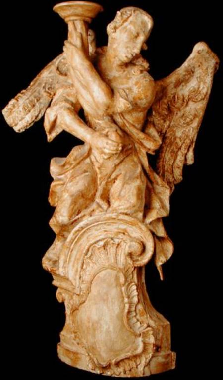 One of a pair of carved angel candlesticks a Scuola Austriaca