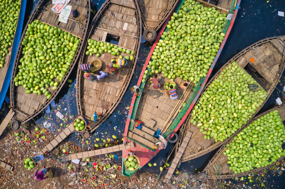 Workers unload watermelons from the boats using big baskets a Azim Khan Ronnie