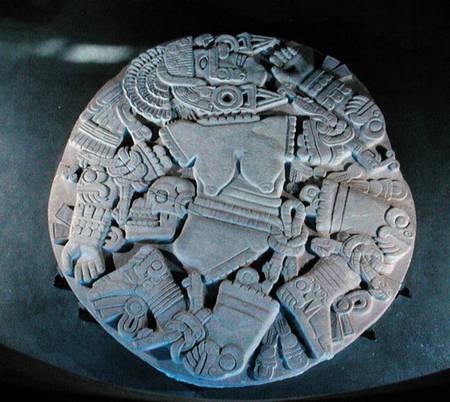 Carving of the dismemberment of the moon goddess Coyolxauhqui, found at the foot of the twin pyramid a Aztec