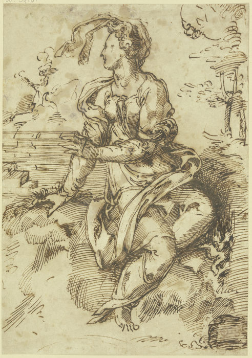 Sitzende Frau mit fliegendem Schleier in einer Landschaft nach links gewandt a Baccio Bandinelli