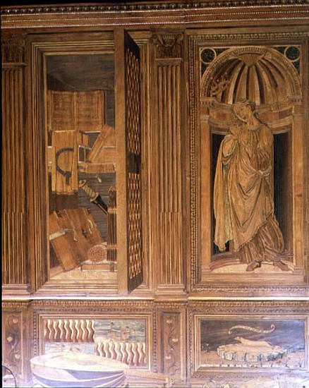 The Study of Federigo da Montefeltro, Duke of Urbino: intarsia panelling depicting (L) an open cupbo a Baccio Pontelli