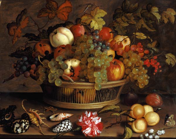 Natura morta con uva, mele, pesche, prugne e fiori a Balthasar van der Ast
