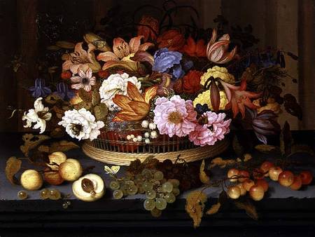 Still Life of Fruit and a Basket of Flowers a Balthasar van der Ast