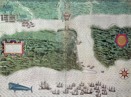 Map depicting the destruction of the Spanish colony of St. Augustine in Florida on 7th July 1586 by a Baptista Boazio
